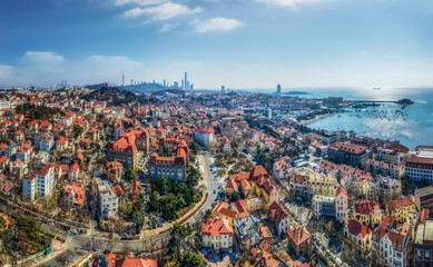 Obraz premium Aerial photography of the old town of Qingdao, China