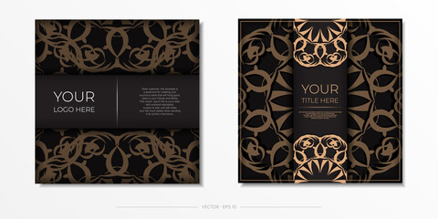 Square vector postcard design in black color with luxury ornaments. Stylish invitation with vintage patterns.