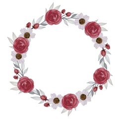 red and white wreath, circle frame with red and white flower border for greeting card