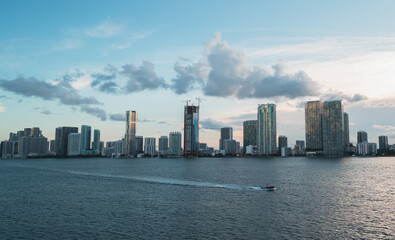 Fototapeta premium city skyline Miami Florida usa panorama boat sea buildings downtown sky clouds usa 