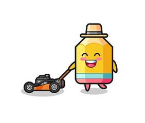 illustration of the pencil character using lawn mower
