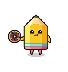 illustration of an pencil character eating a doughnut