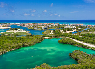 Landscape of a resort area in Cap Cana surrounded by the sea in the Dominican Republic