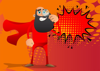 Funny cartoon man dressed as a superhero holding a magnifying glass. Vector illustration.