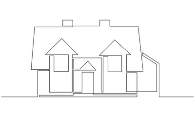One continuous line drawing of family two story house at village. Modern concept of Home architecture in simple linear style. Doodle Vector illustration