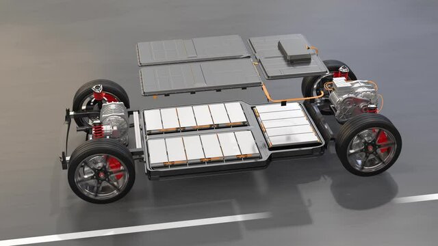 Explode demonstration of electric vehicle chassis equipped with battery pack driving on the road. 3D rendering animation.