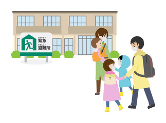 避難所に向かっている家族（マスク）
