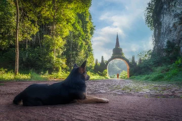 Poster A dog is looking at monk walking from the arch of Khao Na Nai Luang Dharma Park at Surat Thani in Thailand. At the arch has Thai words translated is “Phutthawadee arch” © Jack