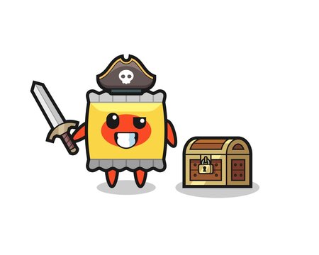 the snack pirate character holding sword beside a treasure box