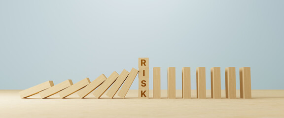 Risk concept. Wooden block stopping domino effect for business. 3d illustration