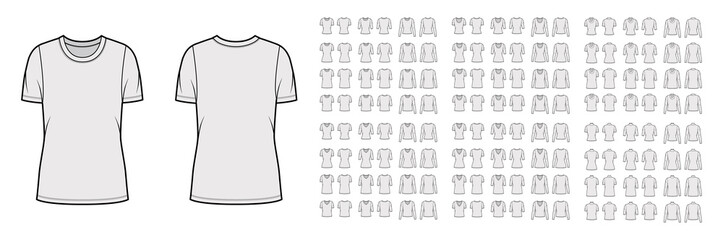 Set of tops - shirts, tanks, blouses technical fashion illustration with fitted oversized, scoop neck, short elbow long sleeves. Flat apparel template front, back, grey color. Women, men CAD mockup