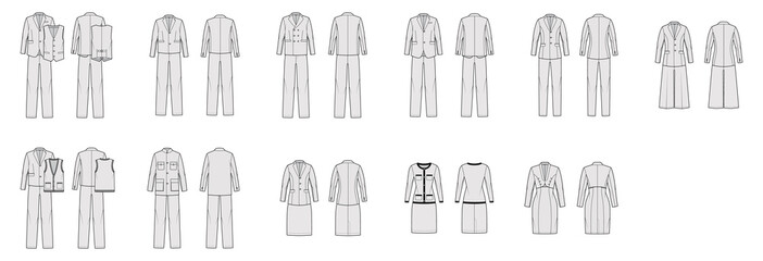 Set of Suits - classic Pants, jackets, blazers, dresses, vests technical fashion illustration with two - three pieces, double single breasted. Flat template front, back, grey color. Women men CAD