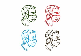 Four color variation of man wearing medical mask line art drawing