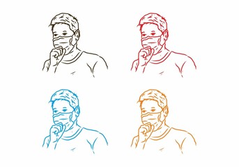 Four color variation of Man who is coughing wearing a medical mask line art drawing