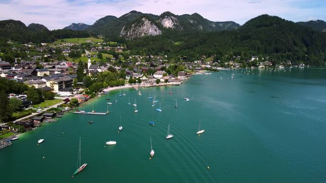 Village of St Gilgen at Lake Wolfgangsee in Austria - travel photography by drone