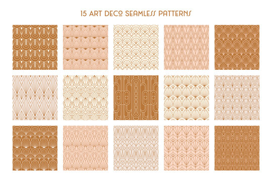 Art Deco 1920s Seamless Patterns Set in a Trendy minimal Style. Vector Abstract Retro backgrounds with Geometric Shapes