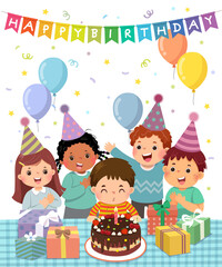 Vector illustration cartoon of happy group of kids having fun at birthday party. Little boy blowing out candle on birthday cake.