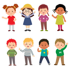 Happy kids cartoon collection. Multicultural children in different positions isolated on white background. - 451528457