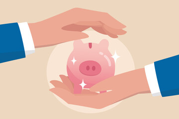 Financial risk assurance, protect money from inflation or economic crisis, insurance, tax or wealth management concept, strong businessman hand shielding protect piggy bank saving money box.