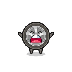 cute car wheel mascot with a yawn expression