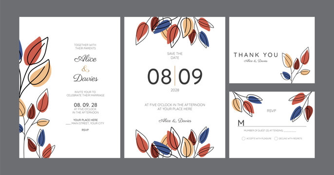 Wedding Invitation, menu card. Leaves design autumn foliage collection oak, maple, chestnut and ash. Decorative frame print. Vector elegant cute rustic greeting, invite postcard.
