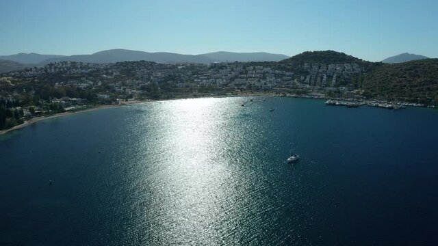 Amazing panoramic aerial 4k view from drone of beautiful bay of Bitez and Bodrum city in Bodrum on a bright and sunny day in Mugla province in Turkey