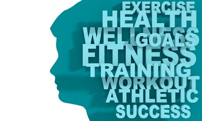 Silhouette of a male head and fitness theme tags cloud.