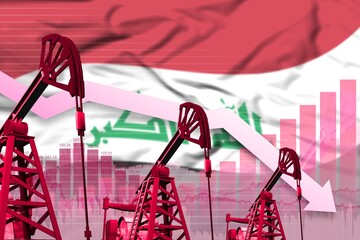 lowering down chart on Iraq flag background - industrial illustration of Iraq oil industry or market concept. 3D Illustration