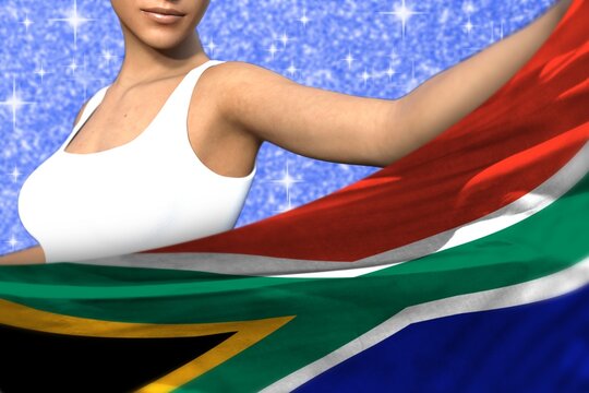 young woman holds South Africa flag in front on the blue shining sparks background - flag concept 3d illustration