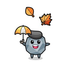 cartoon of the cute stone holding an umbrella in autumn