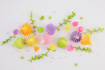 A colorful Thai dessert called Alua.Arranged with beautiful decorative flowers see eating page,