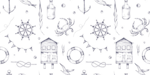 Vintage monochrome nautical seamless pattern with bottle, anchor, lifebuoy, wheel, seagull, crab, fish, flag, rope, pearl, knot and water plant. Pattern isolated on white background.