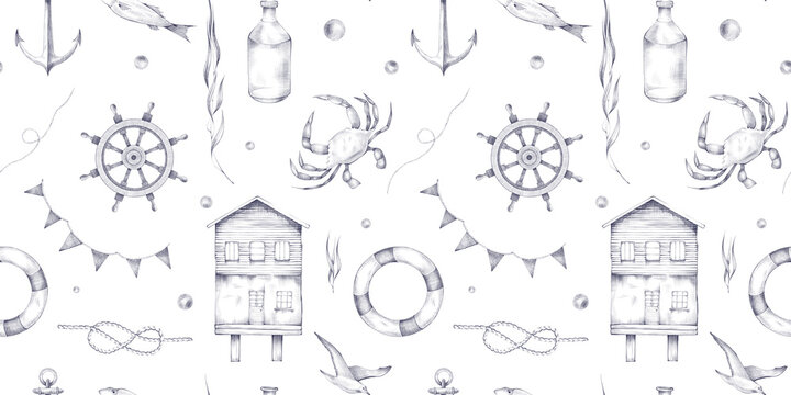Vintage monochrome nautical seamless pattern with bottle, anchor, lifebuoy, wheel, seagull, crab, fish, flag, rope, pearl, knot and water plant. Pattern isolated on white background.