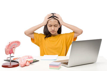 Asian little girl with laptop feeling stress for online school class