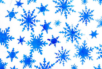 hand drawn watercolor snowflake background.blue background, fabulous.