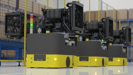 Factory 4.0 concept: The AGV (Automated guided vehicle) is carrying engine in smart factory. 3D...