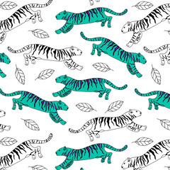 Vector image of a turquoise tiger with purple stripes. Seamless pattern. Hand-drawn. Design of posters, postcards, invitations, decor.