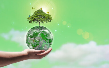 Hand holding a green world with growing trees and blurry green sky background. concept of world environment day with planting trees and a green world. elements of this image furnished by NASA