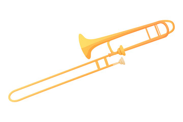 Trombone in cartoon style. Vector illustration of a musical wind instrument. Musical trumpet isolated on white background
