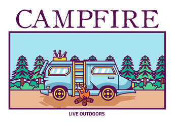 Camper van car vector illustration. Vintage typography design, Campfire and forest background. Concept for shirt or sweater, print, stamp or tee.