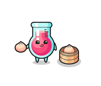cute laboratory beaker character eating steamed buns