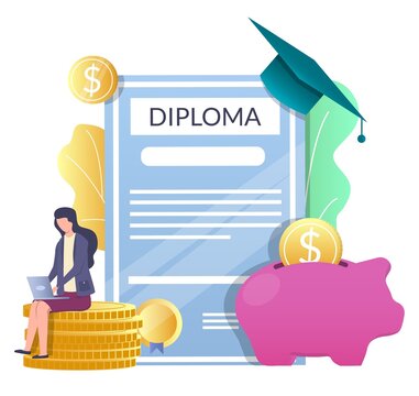 Diploma, graduation hat, piggy bank, woman sitting on coins, vector illustration. Student loan, saving education money.