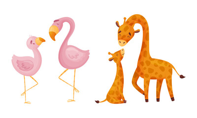 Mother and baby african animals set. Flamingo and giraffe moms hugging their kids cartoon vector illustration
