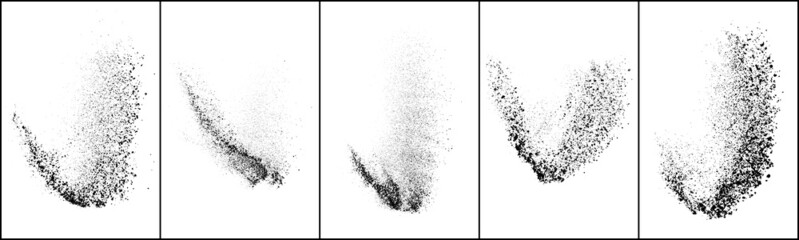 Set of explosion black grainy texture isolated on white background. Dust overlay textured. Dark noise particles. Grunge design elements. Vector illustration, Eps 10.
