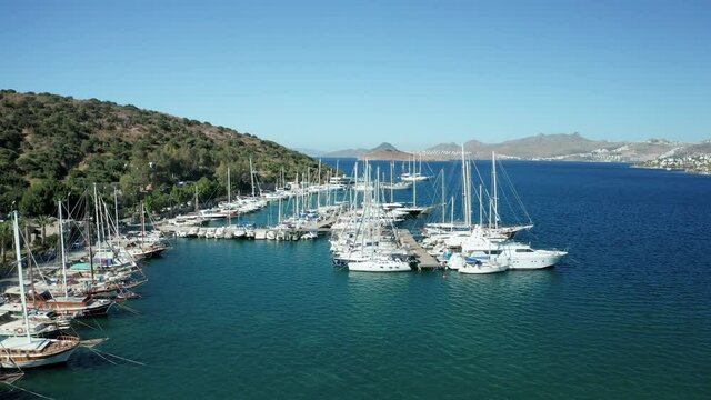 Amazing panoramic aerial 4k view from drone of beautiful bay of Bitez and Bodrum city in Bodrum on a bright and sunny day in Mugla province in Turkey
