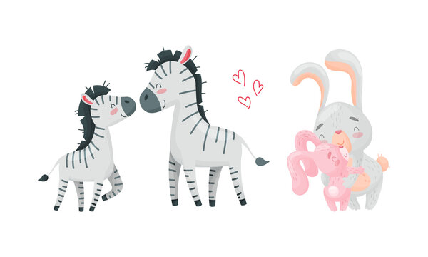 Mother and baby animals set. Zebra and rabbit moms hugging their kids cartoon vector illustration