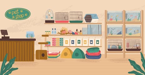 Pet shop interior concept vector illustration. Animal store with canine food, birds cage, aquarium with fish and dog bed