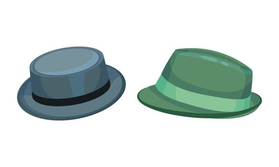 Set of headgears, male fedora hat cartoon vector illustration