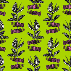 Magic hands holding a hungry carnivorous flower predator plant venus flytrap seamless pattern background.
