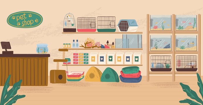 Pet Shop Interior Concept Vector Illustration. Animal Store With Canine Food, Birds Cage, Aquarium With Fish And Dog Bed